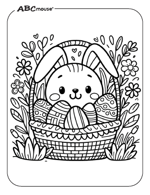 Free printable Easter bunny inside a basket of eggs coloring page from ABCmouse.com. 