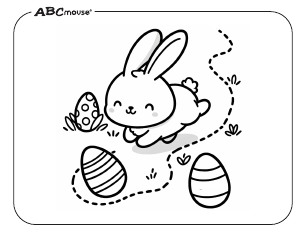 Free printable Easter bunny running with eggs coloring page from ABCmouse.com. 