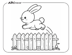 Free printable Easter bunny hopping over a fence coloring page from ABCmouse.com. 