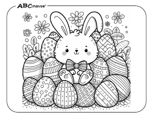 Free printable coloring page of an Easter bunny with Easter Eggs from ABCmouse.com. 
