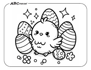 Free printable coloring page of a baby chic with Easter Eggs from ABCmouse.com. 