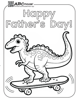 Happy Father's day skateboard dinosaur. Free printable coloring page from ABCmoues.com. 