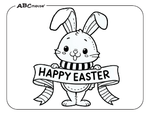 Free printable Happy Easter bunny holding a banner coloring page from ABCmouse.com. 