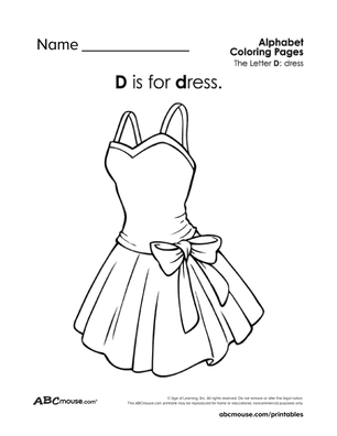 Free ABCmouse letter D is for dress coloring page. 