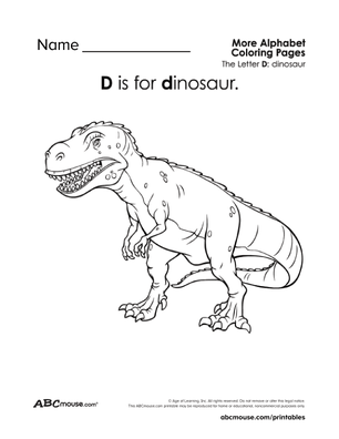Free ABCmouse letter D is for dinosaur coloring page. 