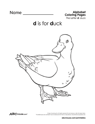 Free ABCmouse letter D is for duck coloring page. 