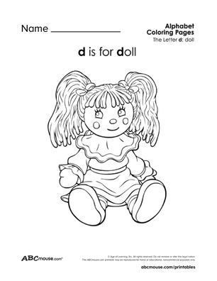 Free ABCmouse letter D is for doll coloring page. 