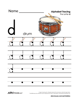 Free Lower Case Letter D Printable Tracing Worksheet. From ABCmouse.com. 