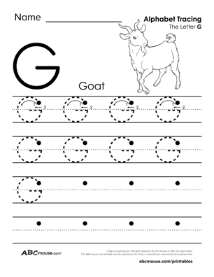 Upper case letter G free printable tracing worksheet from ABCmouse.com. 