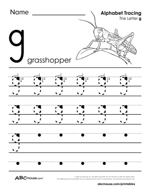 Lower case letter G free printable tracing worksheet from ABCmouse.com. 