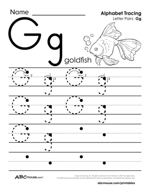 Upper and Lower case letter G free printable tracing worksheet from ABCmouse.com. 