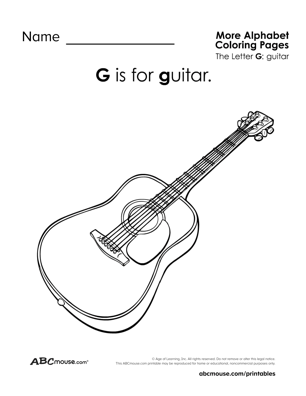 G is for guitar Free printable coloring page from ABCmouse.com. 