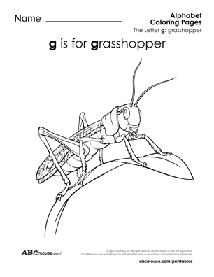 G is for grasshopper free printable coloring page from ABCmouse.com. 