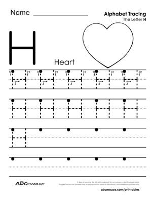 Free printable upper case letter H tracing worksheet from ABCmouse.com. 