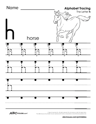 Free printable lower case letter H tracing worksheet from ABCmouse.com. 