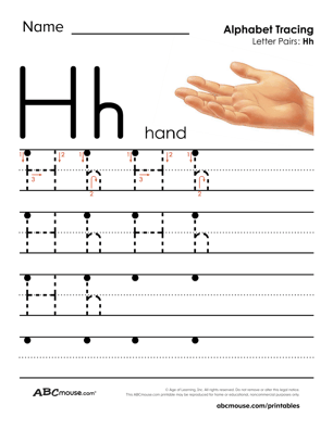 H is for hand free printable letter tracing page from ABCmouse.com. 