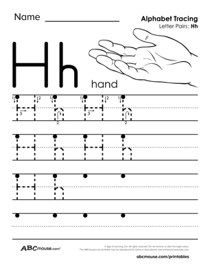 Free printable upper and lower case letter H tracing worksheet from ABCmouse.com. 
