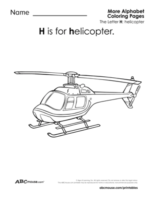 H is for helicopter free printable coloring page from ABCmouse.com. 