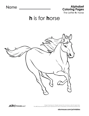 H is for horse free printable coloring page from ABCmouse.com. 