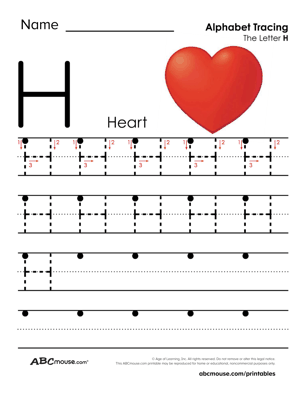 H is for heart free printable letter tracing page from ABCmouse.com. 