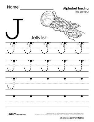Free printable upper case letter J traceable worksheet from ABCmouse.com. 