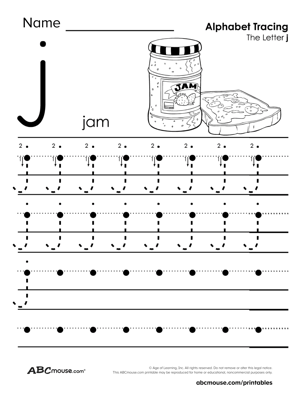 Free printable lower case letter J traceable worksheet from ABCmouse.com. 
