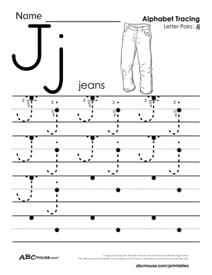Free printable upper and lower case letter J traceable worksheet from ABCmouse.com. 
