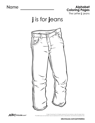 J is for jeans free printable coloring page from ABCmouse.com. 