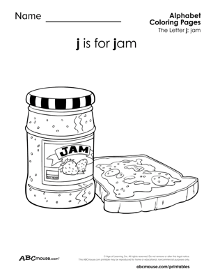 J is for jam free printable coloring page from ABCmouse.com. 