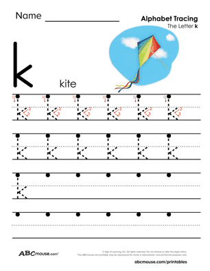 K is for kite free printable letter tracing worksheet from ABCmouse.com. 