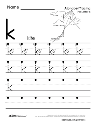 Free lower case letter K traceable printable worksheet from ABCmouse.com. 