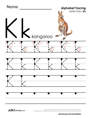 K is for kangaroo free printable letter tracing worksheet from ABCmouse.com. 