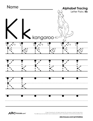 Free upper and lower case letter K traceable printable worksheet from ABCmouse.com. 