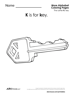 K is for key free printable worksheet from ABCmouse.com. 