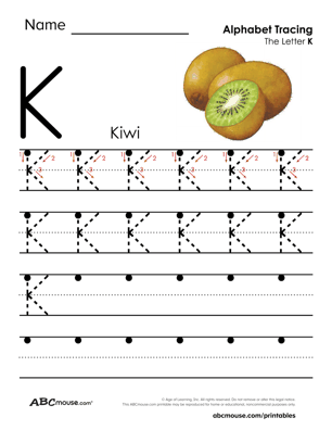 K is for kiwi free printable letter tracing worksheet from ABCmouse.com. 
