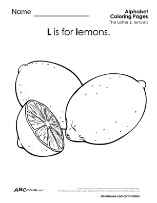 L is for lemons free printable coloring page from ABCmouse.com. 