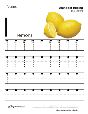 L is for lemons free printable letter tracing worksheet from ABCmouse.com. 