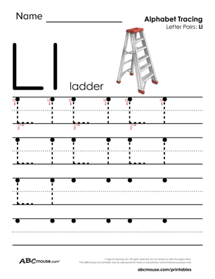 L is for ladder free printable letter tracing worksheet from ABCmouse.com. 