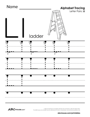 Upper and lower case letter L free printable letter tracing worksheet. 