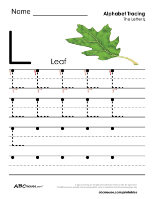 L is for leaf free printable letter tracing worksheet from ABCmouse.com. 