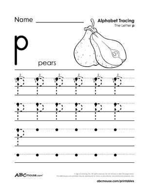 Free lower case letter P printable tracing worksheet from ABCmouse.com. 