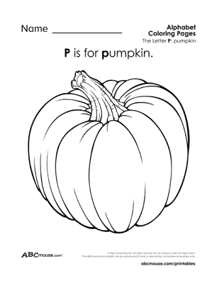 P is for pumpkin free printable letter P coloring page from ABCmouse.com. 