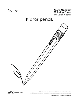 P is for pencil free printable letter P coloring page from ABCmouse.com. 