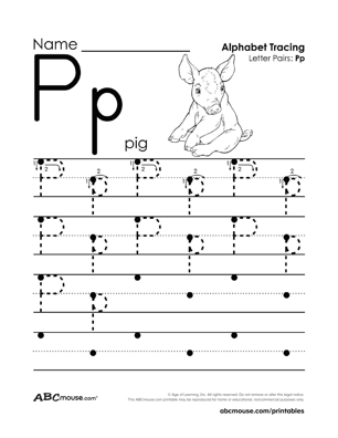 Free upper and case letter P printable tracing worksheet from ABCmouse.com. 