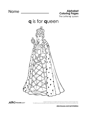 Q is for queen free printable letter q coloring page from ABCmouse.com. 