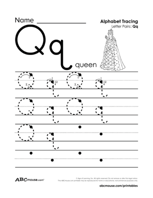 Q is for queen free tracible letter q coloring page from ABCmouse.com. 