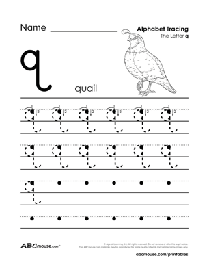 Q is for quail free tracible letter q coloring page from ABCmouse.com. 