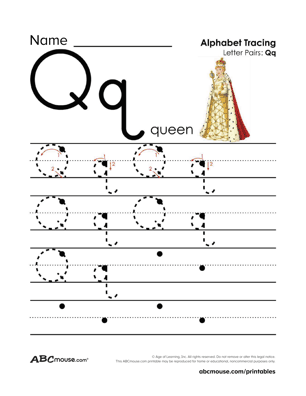 Q is for queen free tracible letter q coloring page from ABCmouse.com. 