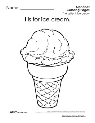 I is for ice cream free printable letter I coloring page for kids. 