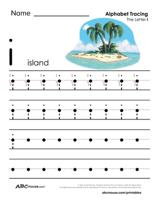Free printable worksheet I is for island lower case letter I tracing sheet. 
